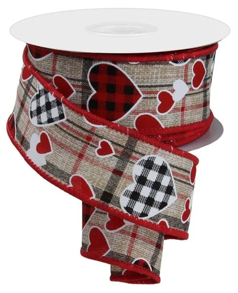 1.5"x10yd Check Heart/Mini Heart/Plaid, Beige/Red/Black/White  OC20