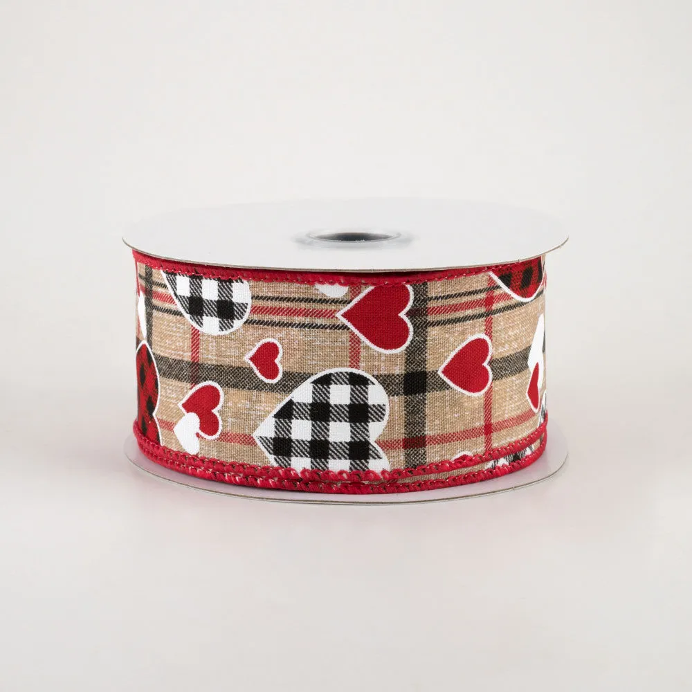 1.5"x10yd Check Heart/Mini Heart/Plaid, Beige/Red/Black/White  OC20