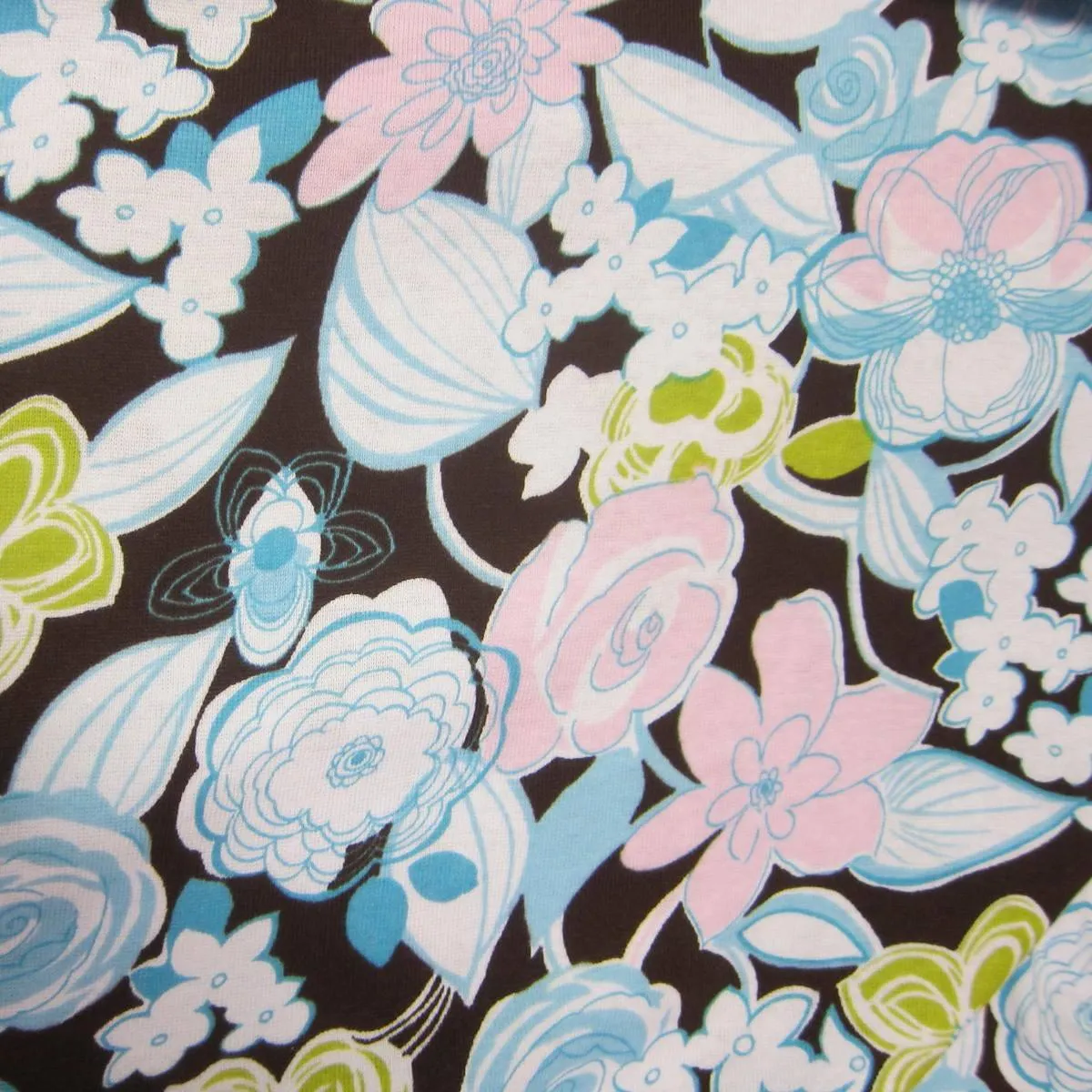 Blue and Pink Flowers on Brown Cotton Rib Knit Fabric