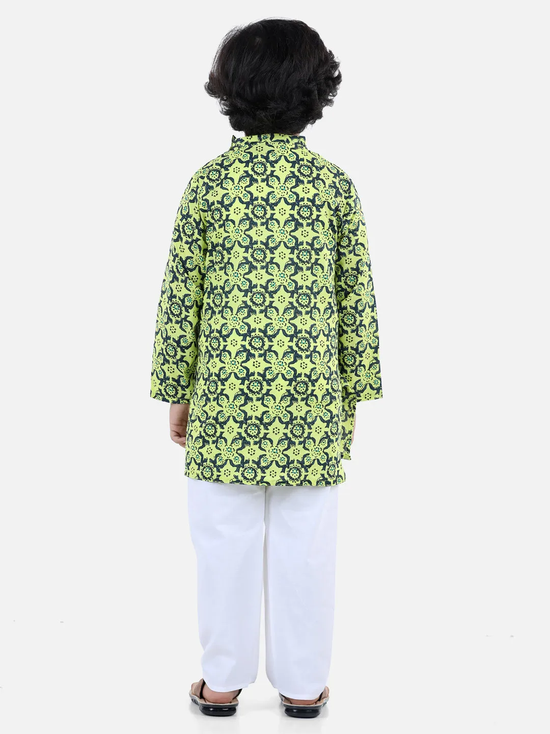 Boys Cotton Floral printed Asymmetric Front Open Kurta Pajama- Yellow