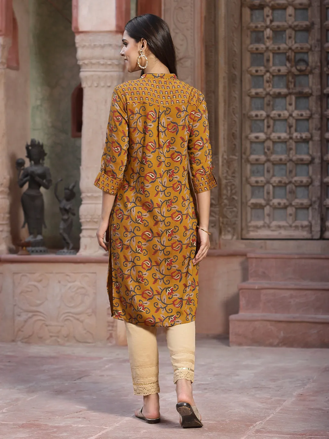 Women Mustard Muslin Printed Kurta