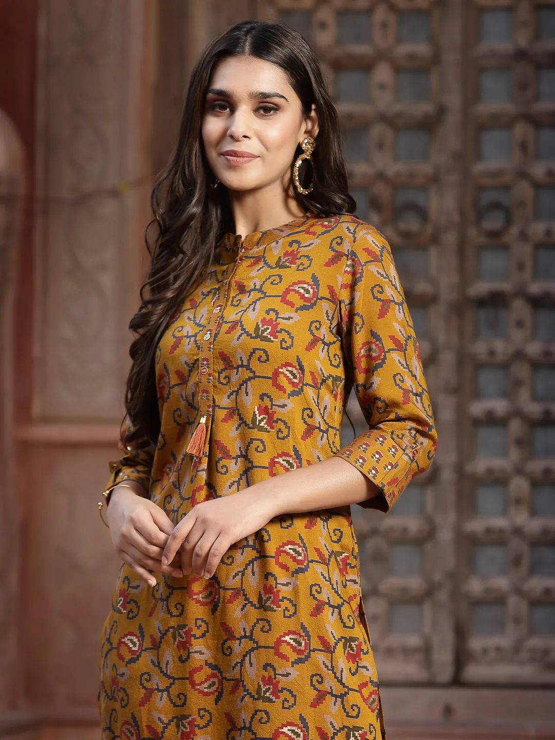 Women Mustard Muslin Printed Kurta